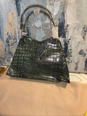 NEW  Charlie Lapson Green Croc-Embossed Floral  Leather Green Satchel